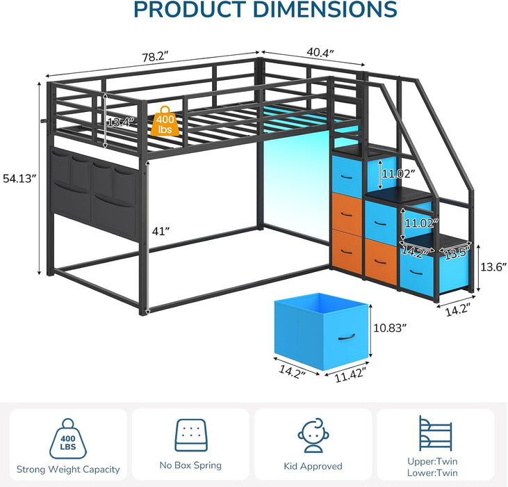 Low Bunk Bed Twin over Twin with 6 Storage Drawers and 6-Pocket Organizer, Reversible Storage Staircase(Left or Right), Bunk Bed for Kids with LED Lights,Metal Frame with Safety High Guardrails, Black