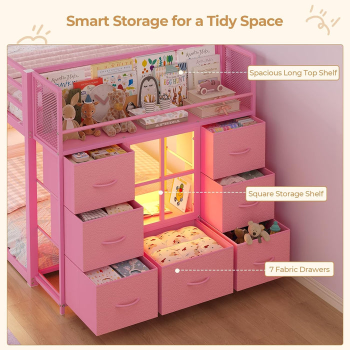 Pink Twin Over Bunk Bed With RGBLEDIlluminationSystem