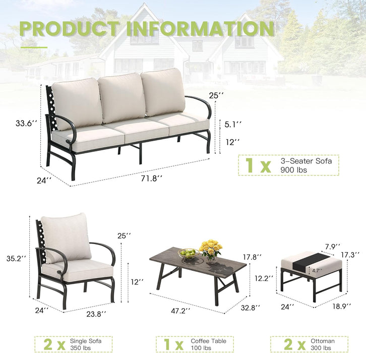 6 Pieces Outdoor Furniture Set, Cushioned Patio Conversation Set with 47" Coffee Table, Spacious 3-Seat Sofa, 2 Patio Sofa Chairs and 2 Cushioned Ottomans, Beige