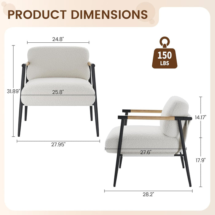Comfy Chair, Modern Accent Chair with Metal Frame, Cozy Reading Chair with Soft Cushion & Wood Armrest for Bedroom, Living Room, White