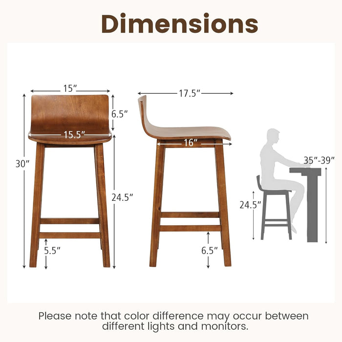 24.5" Bar Stools Set of 2, Counter Height Bar Stools W/Low Back & Footrest, Farmhouse Wooden Bar Dining Chairs, Armless Wood Barstools for Kitchen Island, Pub, Kitchen, Cafe, Breakfast, Brown