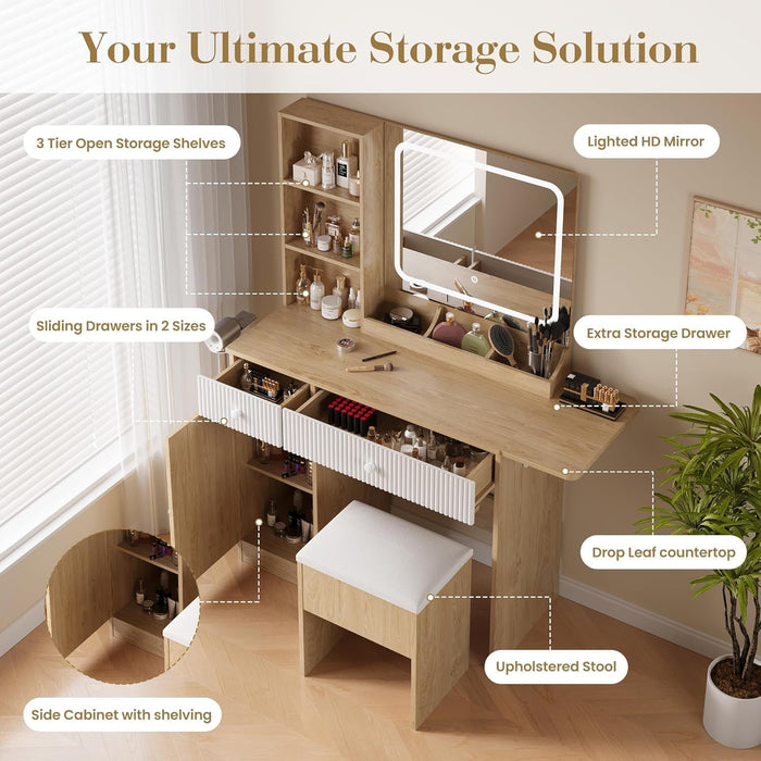 Makeup Vanity with Lighted Mirror, Vanity Desk with Power Strip, Adjustable Lighting, Drawers and Cushioned Stool, Dressing Table for Bedroom