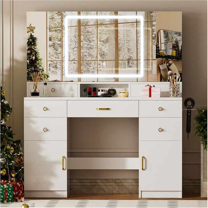 Makeup Vanity Desk with Lights & 3 Way Mirror, Large Girls Vanity Table Set with Charging Station, 3 Lighting Modes & 360° View Mirror, 9 Drawers Dresser for Bedroom, White