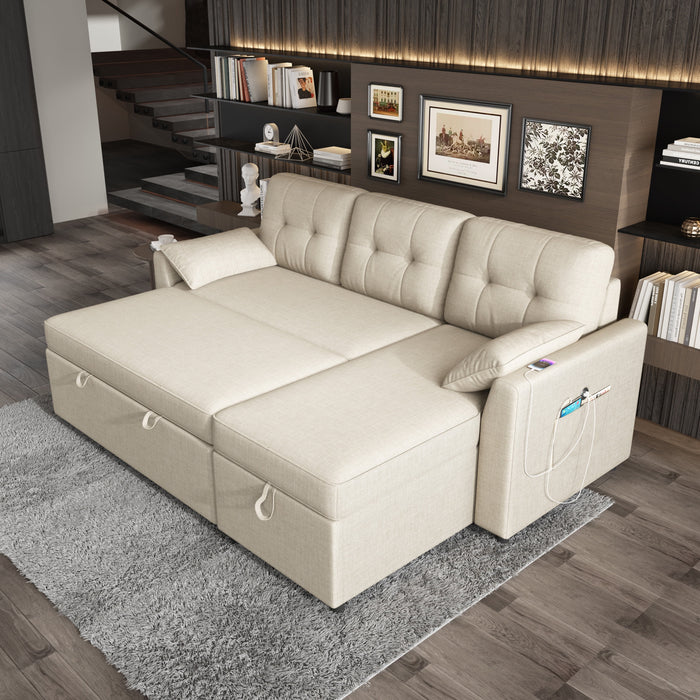 Sectional Sofa with Storage and Soft Seat ,Reversible Pull Out Couch for Living Room,Beige