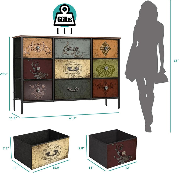 Dresser for Bedroom with 9 Deep Fabric Drawers, Wide TV Stand Storage Cabinet, Colorful Chest of Drawers for Closet, Nursery, Entryway, Hallway