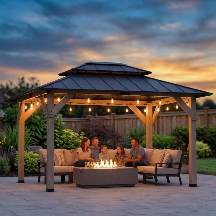 10' X 12' Outdoor Wood Gazebo,Metal Hardtop Gazebo,Color DIY Permanent Pavilion with Galvanized Steel Double Roof for Backyard, Garden(Windproof, Snow-Load Bearing, Waterproof, Rustproof)