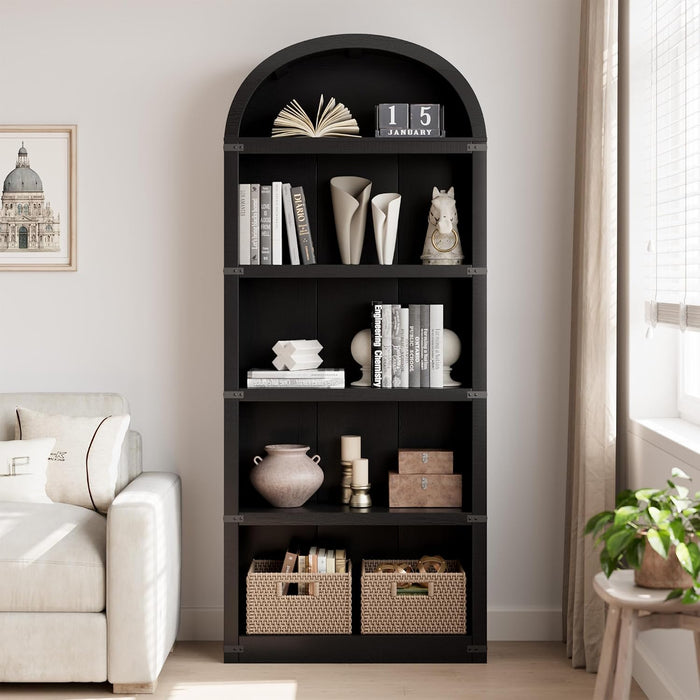 Bookcase 5 Shelf Arched Bookshelf 71.65 in Tall Bookcase Farmhouse Display Storage Rack Wooden Bookshelves for Home Office, Living Room