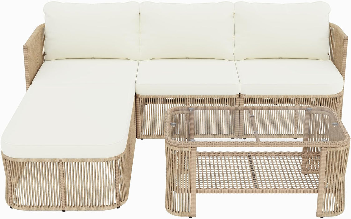 Outdoor Patio Furniture Set, PE Rattan Wicker Conversation Sofa Set with Iron Frame Cushions and Glass Top Coffee Table, Modular Backyard Balcony Seating Set, Dark Beige