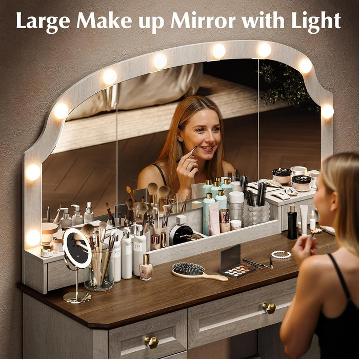 Amberhaus Farmhouse Vanity Desk With Mirror Lights