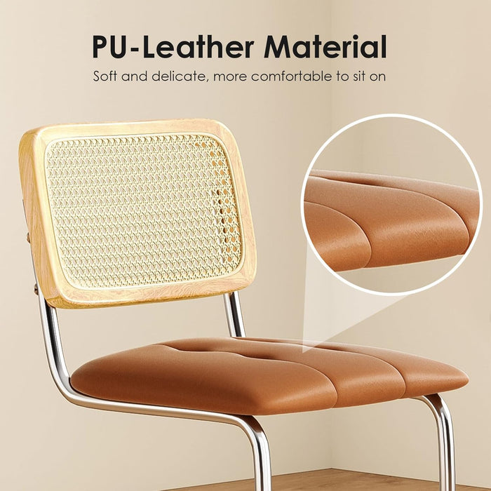 Counter Height Bar Stools Set of 2, Upholstered PU Leather Barstools with Rattan Back, 24 Inch Stools Armless Bar Chairs for Kitchen Island(Brown)