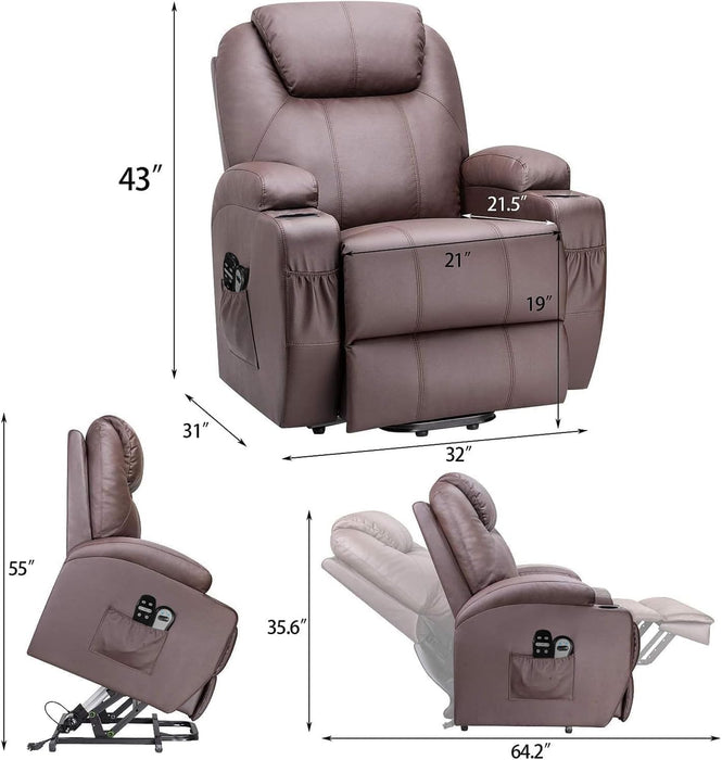 Power Lift Recliner Chair PU Leather with Massage for Elderly Ergonomic Lounge Chair Classic Single Sofa with 2 Cup Holders Side Pockets Home Theater Seat (Leather, Brown)