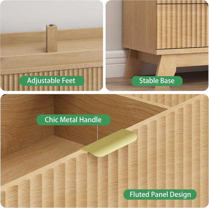 Fluted Dresser for Bedroom with 6 Drawers, 48" Wide Modern Chest of Drawers with Metal Handle, Wooden Dresser TV Stand, Wood Closet Clothes Storage Organizer for Living Room, Hallway, Natural Oak