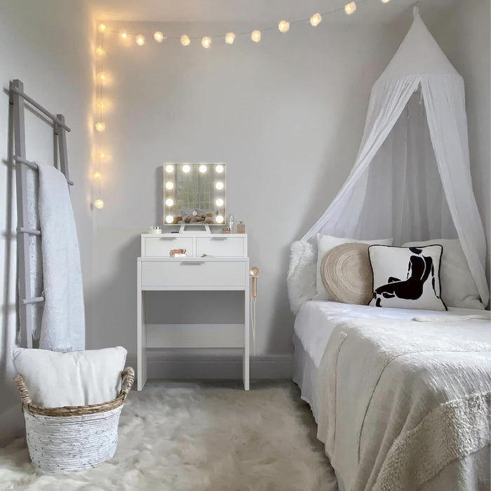 White Makeup Vanity Desk with Hollywood Mirror and Lights, Girls Compact Make up Table with Drawers and Outlet for Bedroom Small Space