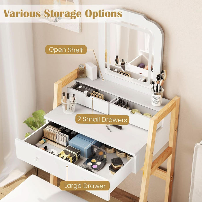 Small Vanity Desk with Mirror and Lights, White Makeup Vanity Desk with 3 Drawers, Adjustable Heights, 3 Color Lighting Modes, Compact Bedroom Dressing Table with Stool for Small Space