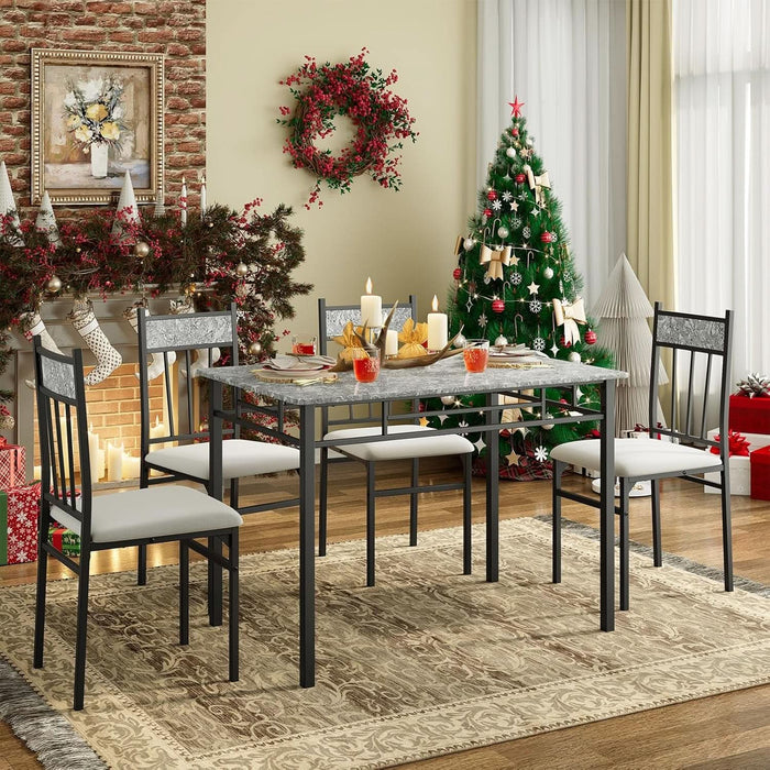 5 Piece Dining Table Set for 4, Faux Marble Kitchen Table and Chairs Set of 4, Vintage Rectangular Dining Room Table with Cushion Padded Seat, Metal and Wood Dining Set Kitchen Furniture, Grey