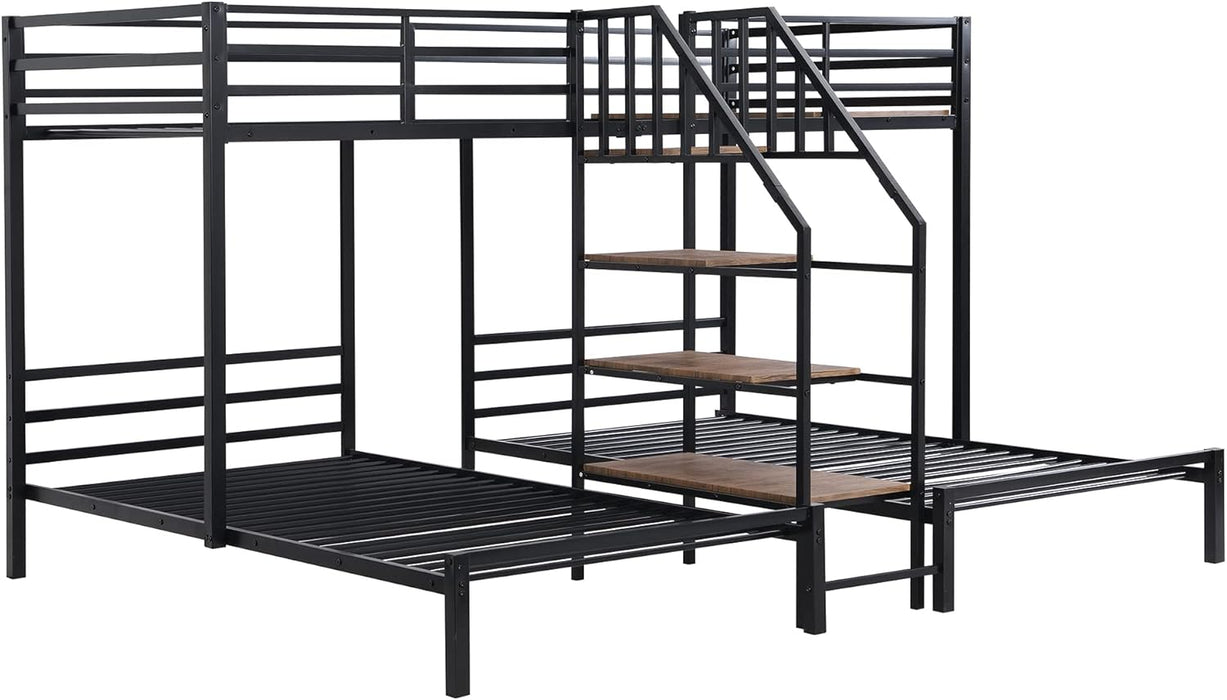 Triple Bunk Bed with Storage Stairs, Twin over Twin & Twin Bunk Bed for 3, Metal Bunk Bed with Shelves for Kids Teens Adults, No Box Spring Needed (Black)