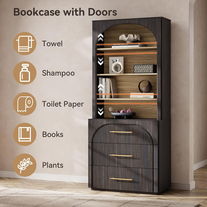 72" Tall Arched Storage Cabinet with Hutch, Bookcase with Open Shelves