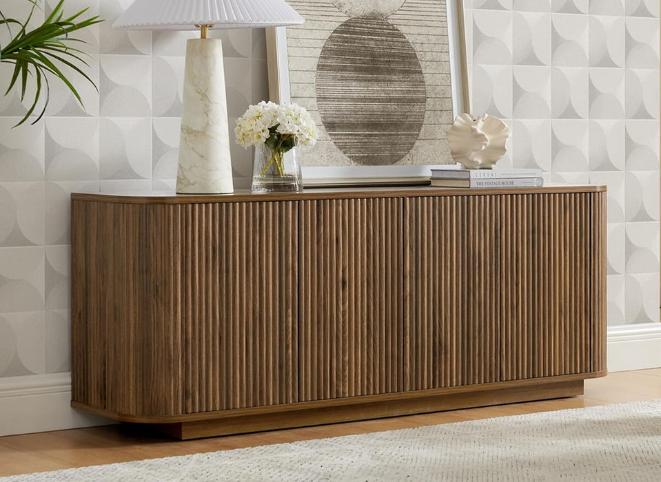 64" Sideboard Buffet Cabinet with Storage, Wooden Fluted Storage Cabinet Sideboard Credenza with Adjustable Shelves Pressed Spring for Kitchen Living Room (Walnut)