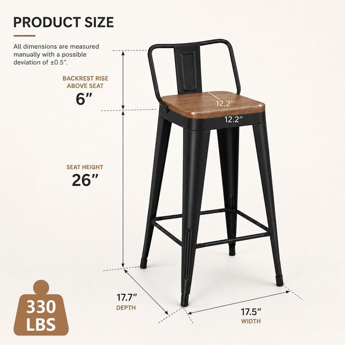 Metal Bar Stools Set of 4 Black Counter Stools with Back 26"