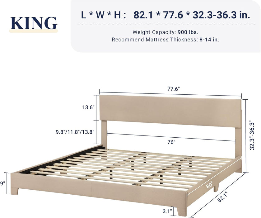 King Size Upholstered Bed Frame Adjustable Headboard, Beige