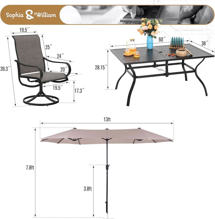 Patio Set with Umbrella 8 Pieces Outdoor Dining Set for 6 with 13Ft Double-Sided Patio Umbrella Beige, 6 X Swivel Patio Chairs, 1 Metal Table for Lawn Garden
