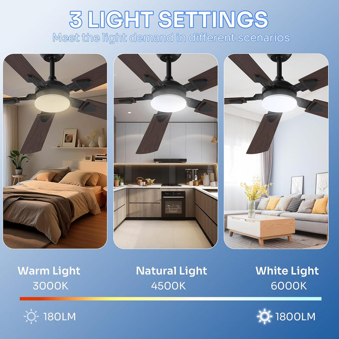 Ceiling Fans with Lights, 52 Inch Modern Ceiling Fans with Lights and Remote Control, DC Reversible Motor, Noiseless, 3CCT, Ceiling Fan for Bedroom, Living Room, Apartment Indoor/Outdoor Use