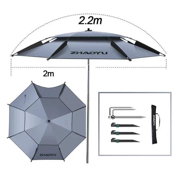 Fishing Umbrella with 360° Adjustment Summer Sun Protection Double Layer Shading Large Umbrella Anti-Uv Outdoor Parasol 2-2.6M