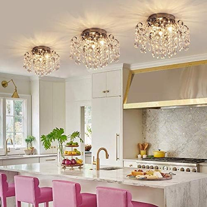 Small Crystal Chandelier Flush Mount Ceiling Light 3 Lights Modern Chrome Iron Raindrop Crystal Ceiling Fixture for Bedroom Hallway Closet Entryway Stairs