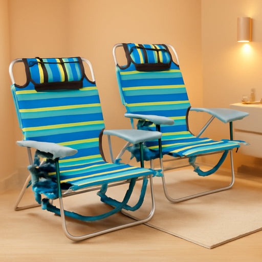 2 Pack Lightweight Portable Camping Beach Chair for Adults, Outdoor Lay Flat Folding Beach Chairs with 5 Positions, Backpack Beach Chair with Towel Bar, Zipper Pouch, Cup Holder, Ocean Striped