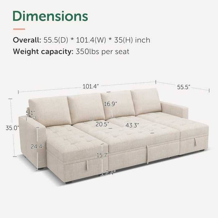 Beige Modular Sleeper Sectional Couch With Storage
