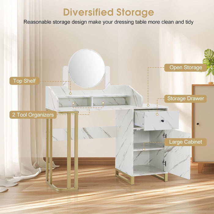 Light Luxury Dressing Table with Storage Cabinet, Modern Vanity Desk with Drawer, Home Makeup Station for Bedroom, Metal Dresser with Adjustable Mirror 3388 (White)