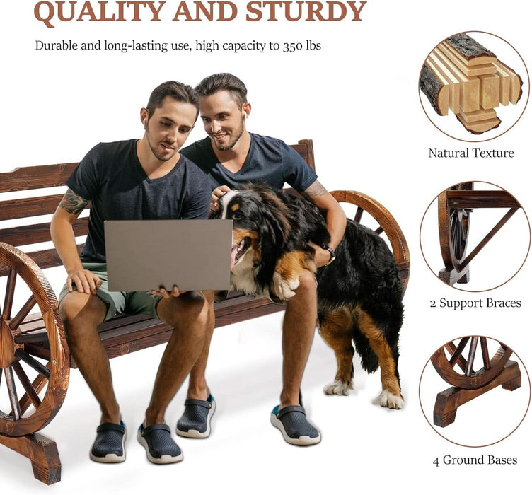 Outdoor Rustic Wooden Bench with Wagon Wheel Arms, 3 People Outdoor Bench Garden Bench Front Porch Furniture Patio Lawn Yard Park, Indoor and Ourdoor Decor