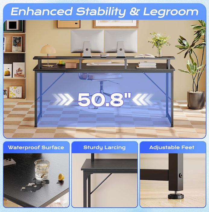 55 Inch Gaming Desk, LED & Power Outlets, Monitor Stand, Black
