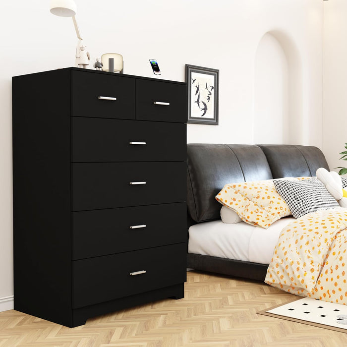 Black Contemporary Six Drawer Dresser With Outlets