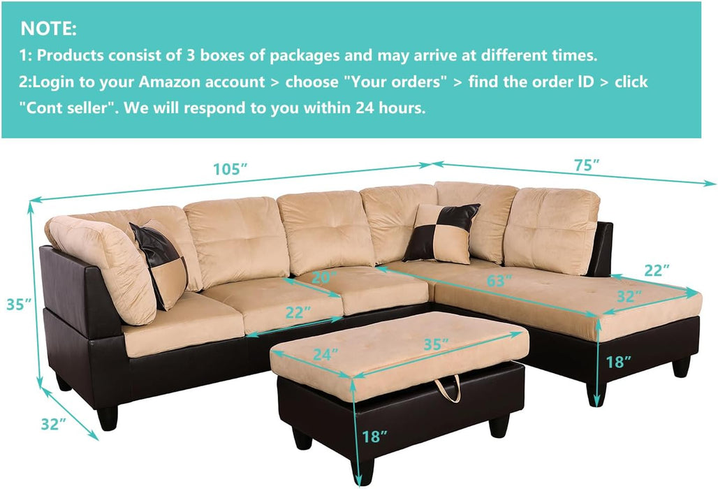 Beige Sectional Couch for Living Room Set, 105 Inch Sectional Sofa L Shaped Couch with Storage Ottoman/Microfiber Fabric/Facing Right Chaise