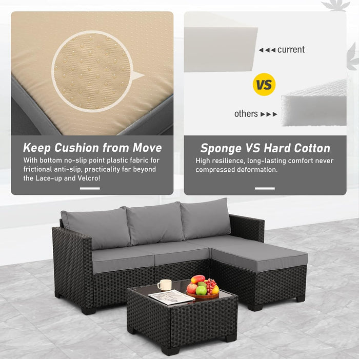 Wicker Patio Furniture Patio Couch 3 Pieces Outdoor Sectional with Ottoman and Outdoor Glass Table Weathering Anti-Slip Cushions Furniture Covers, Light Grey