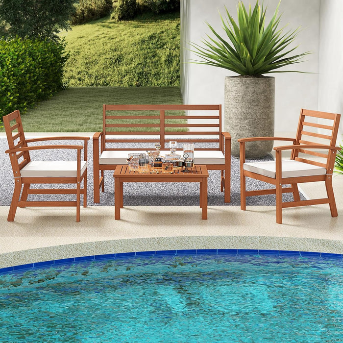 4 Pieces Outdoor Furniture Set, Acacia Wood Conversation Set W/Soft Seat Cushions, Stable Acacia Wood Frame, Patio Sofa & Coffee Table Set for Backyard, Porch, Poolside (White)