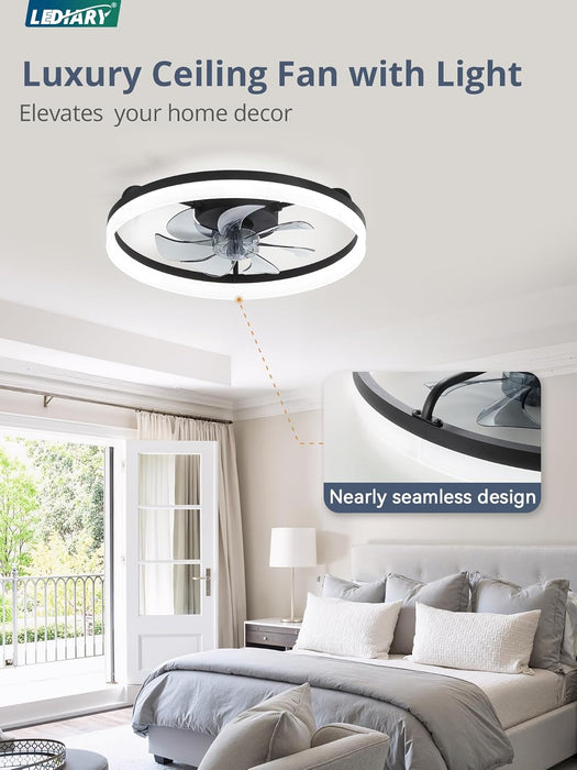 Ceiling Fans with Lights, 20 Inch Low Profile Flush Mount Ceiling Fan, Dimmable LED, APP & Remote Control, Quiet Reversible DC Motor, 6 Speeds, Fandelier for Bedroom, Black