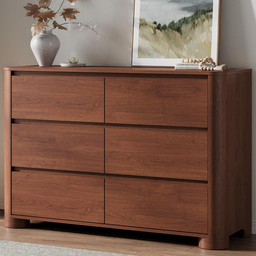 Walnut Dresser for Bedroom with 6 Drawers, 47" W Modern Chest of Drawers with Unique Thickened Foot, Rounded Corner Design, Wooden Dresser Organizer for Bedroom, Living Room, Hallway