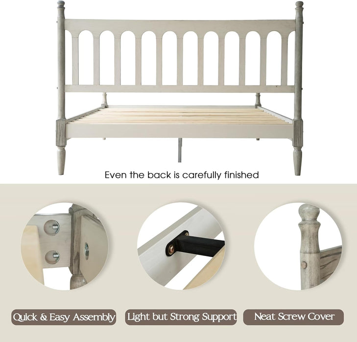Queen Size Bed Frame, Solid Wood Platform Bed with Headboard & Footboard, Central Metal Legs, 12 Sturdy Slatted Base, Anti-Noise & Slip-Free, No Box Spring Needed, Weathered Gray Oak Finish WCQ-34