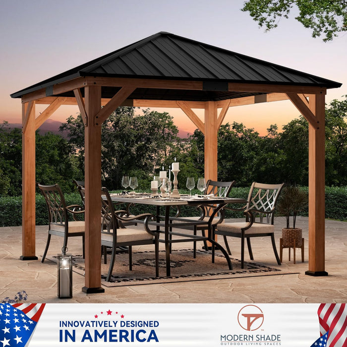 Modern Shade Tranquil Grove Wood Gazebo 10' X 10', Hardtop Gazebo Permanent with Galvanized Steel Roof, Cedar Outdoor Gazebo with Sturdy Hooks for Garden, Backyard, Patio and Deck