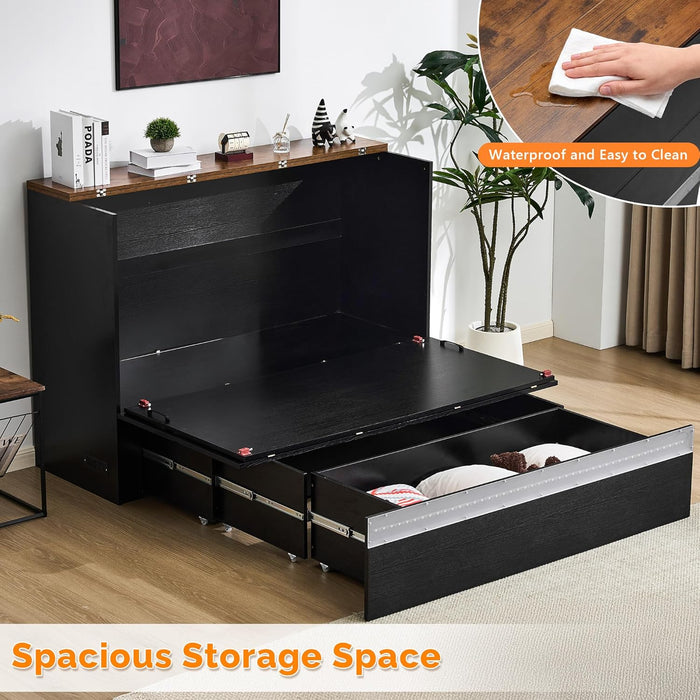Queen Murphy Bed With Black IntegratedChargingStations LedLighting