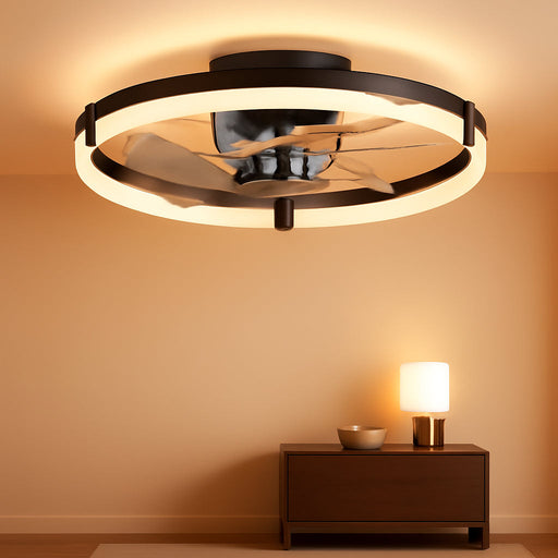 Low Profile Ceiling Fans with Lights and Remote, 20In Flush Mount Ceiling Fans with Light, 3000K-6500K Dimmable Fandelier Ceiling Fan, Black Bladeless Ceiling Fan for Bedroom