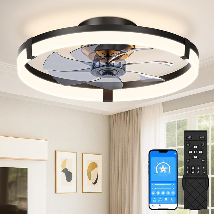 Low Profile Ceiling Fans with Lights and Remote, 20In Flush Mount Ceiling Fans with Light, 3000K-6500K Dimmable Fandelier Ceiling Fan, Black Bladeless Ceiling Fan for Bedroom
