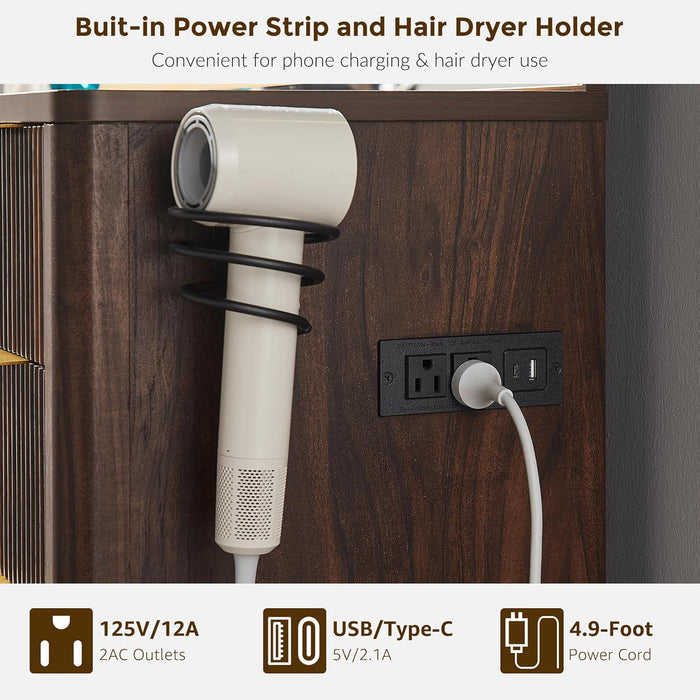 48" Fluted Makeup Vanity Desk with 48" Large Mirror and HD Lights, Modern Vanity Table with 9 Drawers & Charging Station, Glass Top and Golden Handles Dressing Table for Bedroom,Dark Walnut