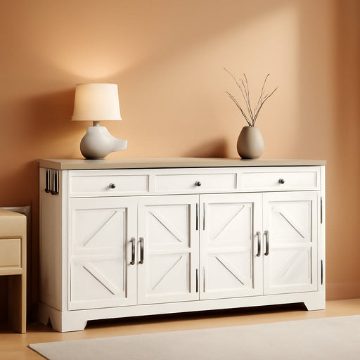 Sideboard Buffet Cabinet with Storage, 55" Kitchen Buffet Cabinet with Charging Station, Farmhouse Coffee Bar Station with Drawers and Doors, Credenza for Kitchen Living Room Entryway, White