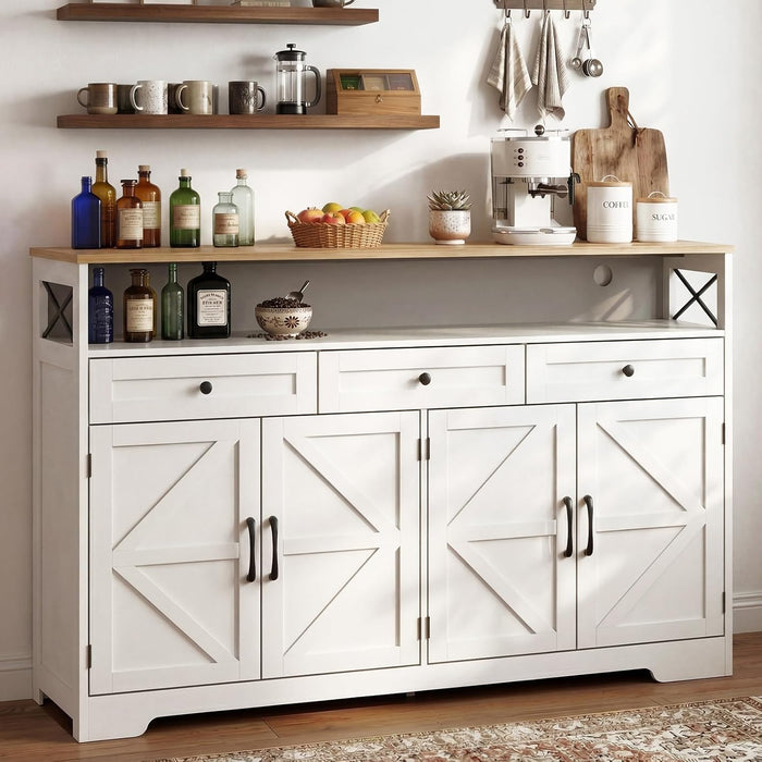 Sideboard Buffet Cabinet with Storage, 55" Kitchen Buffet Cabinet with Charging Station, Farmhouse Coffee Bar Station with Drawers and Doors, Credenza for Kitchen Living Room Entryway, White