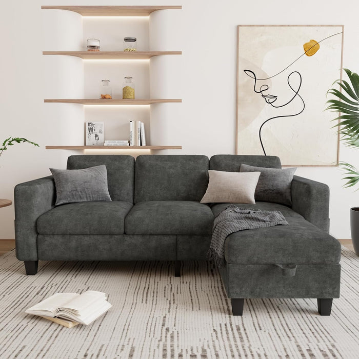Couch for Living Room - Small Space Couches Sectional L-Shaped Sofa, 3 Seat Modern Couch, Sofas Convertible with Storage Ottoman for Small Space, Bedroom, Offices and Apartments - Grey