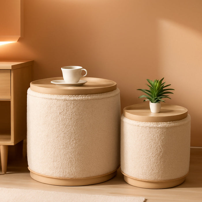 Storage Ottoman round Boucle Ottomans with Tray, Set of 2 Teddy Foot Rest Ottoman Cube with Storage for Living Room , Apricot 15"X15"X16.9"