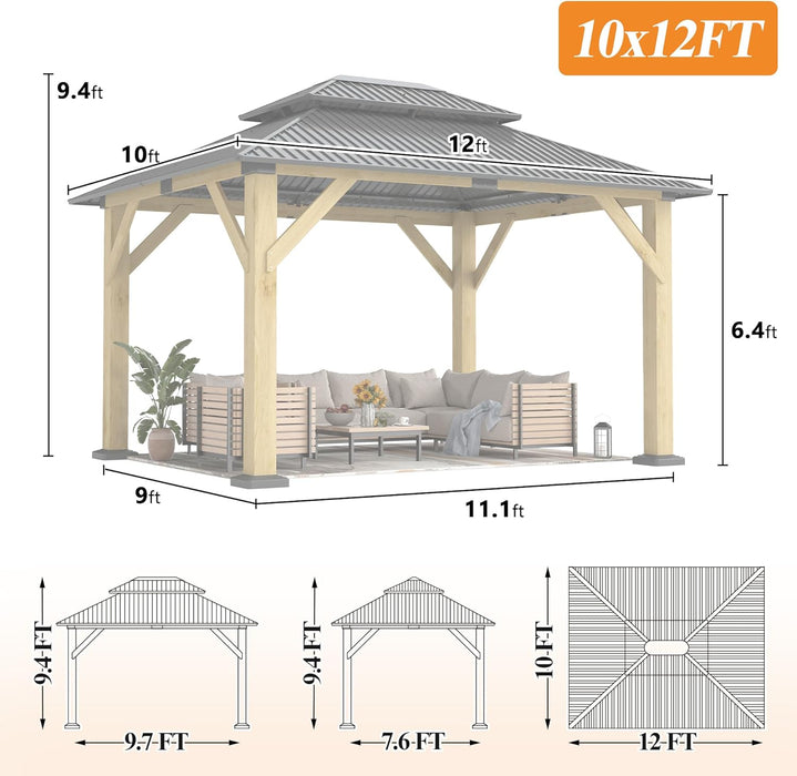 10' X 12' Outdoor Wooden Gazebo - Patio Hardtop Gazebo Permanent Wooden Pavilion with Galvanized Steel Double Roof, Wood Gazebos for Garden, Lawn, Poolside, Backyard Deck